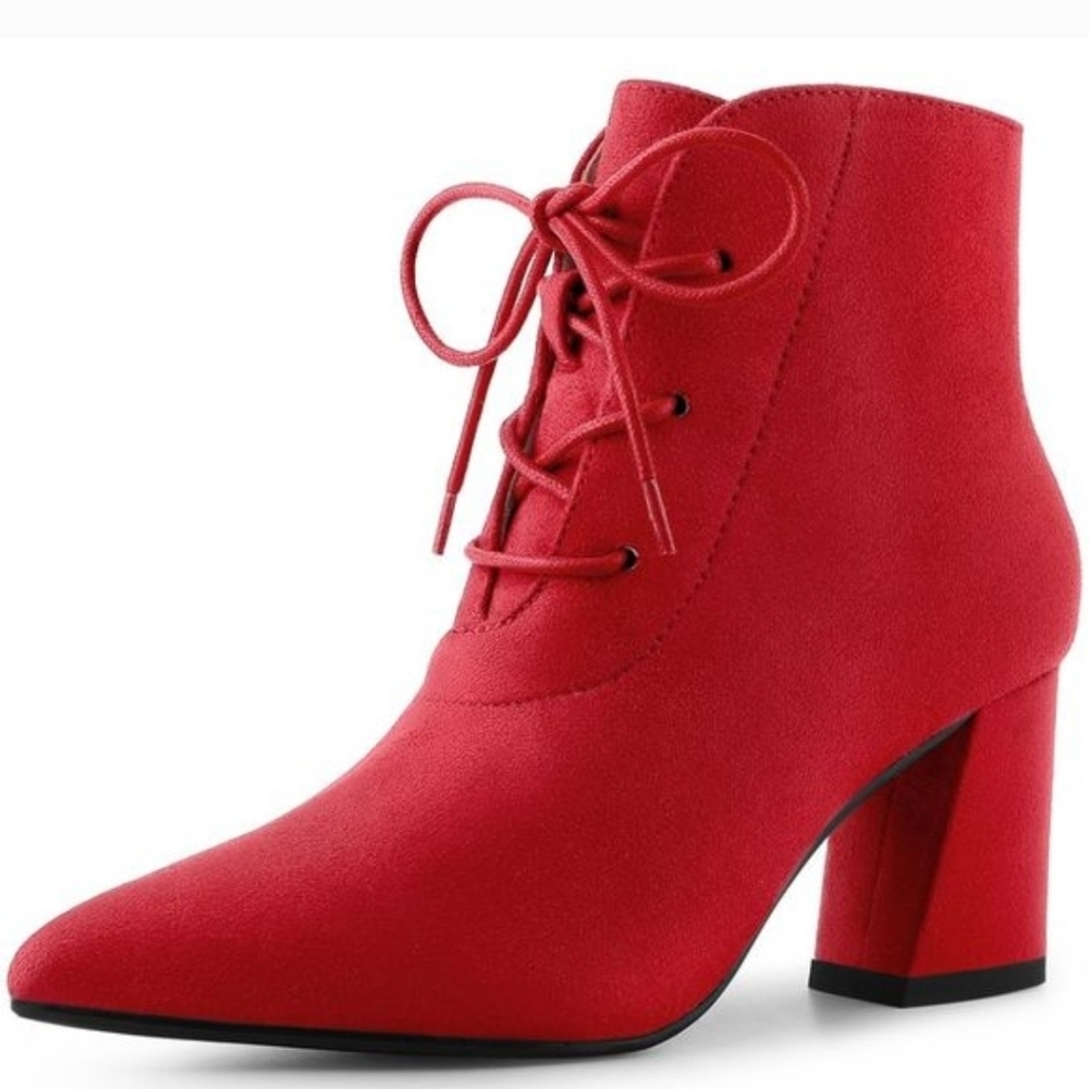 Perphy Pointed Toe Lace Up Block Heel Ankle Boots (8) ~ Red (NIB)